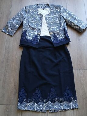 Elegant Navy Blue Lace Skirt Suit Set Size 46 Special Occasion 3-Piece Wedding